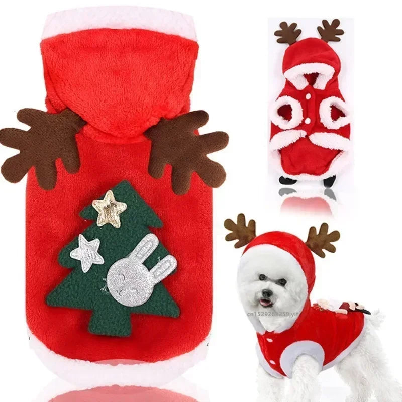 Christmas Dog Costume Festive Red Hoodie with Antlers Pet Outfit Winter Cozy Coat for Small Puppy Chihuahua Yorkshire