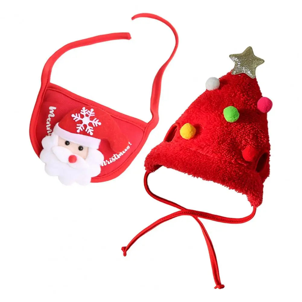 Cozy Pet Christmas Outfit Festive Christmas Pet Outfit Set with Tree Pom-pom Hat Bib for Small Dogs Cats Holiday Costume Santa