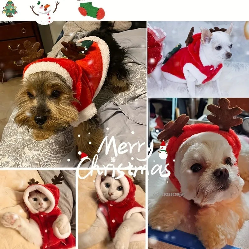 Christmas Dog Costume Festive Red Hoodie with Antlers Pet Outfit Winter Cozy Coat for Small Puppy Chihuahua Yorkshire