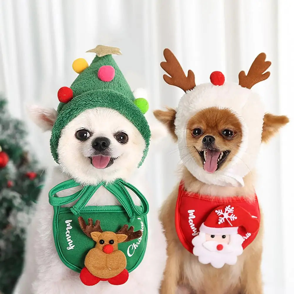 Cozy Pet Christmas Outfit Festive Christmas Pet Outfit Set with Tree Pom-pom Hat Bib for Small Dogs Cats Holiday Costume Santa