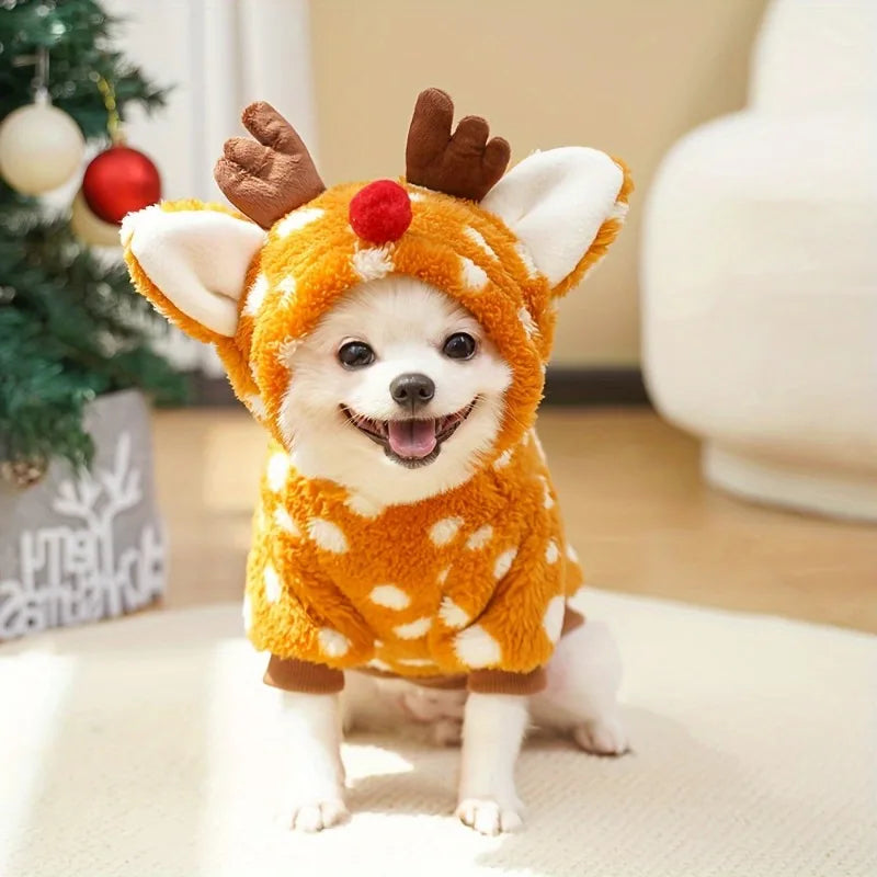 Adorable Reindeer Pet Costume with Hat for Medium Breed Soft Warm Fleece-Lined Winter Christmas Outfit Xmas Gift for Cat/dog