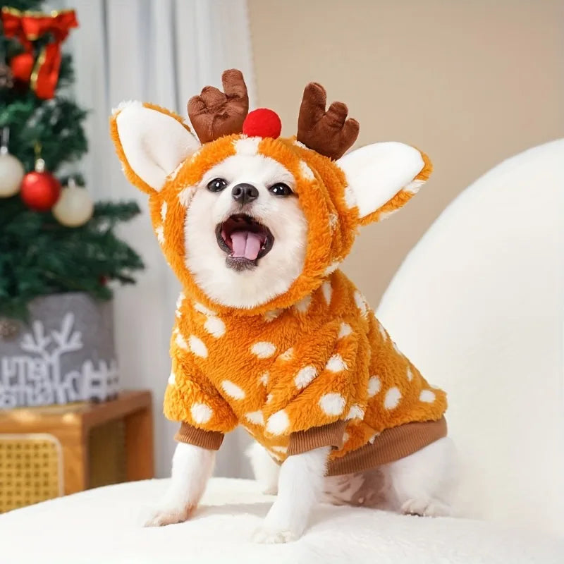 Adorable Reindeer Pet Costume with Hat for Medium Breed Soft Warm Fleece-Lined Winter Christmas Outfit Xmas Gift for Cat/dog